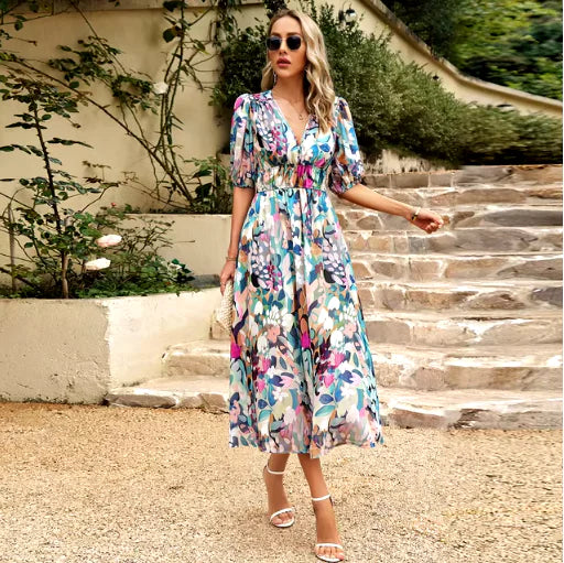 Women's V-Neck Printed Summer Maxi Dress